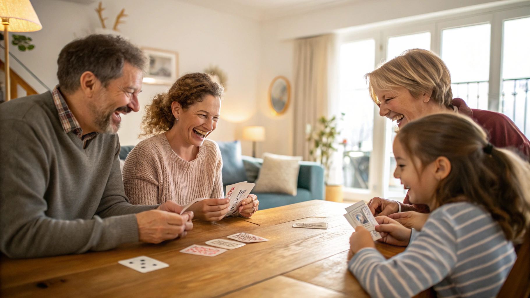 A family playing a card game together at a wooden table