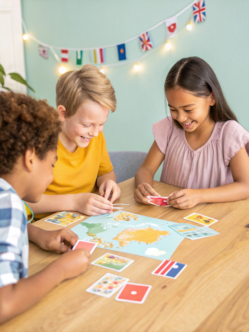 Children laughing while playing the Now What? card game together